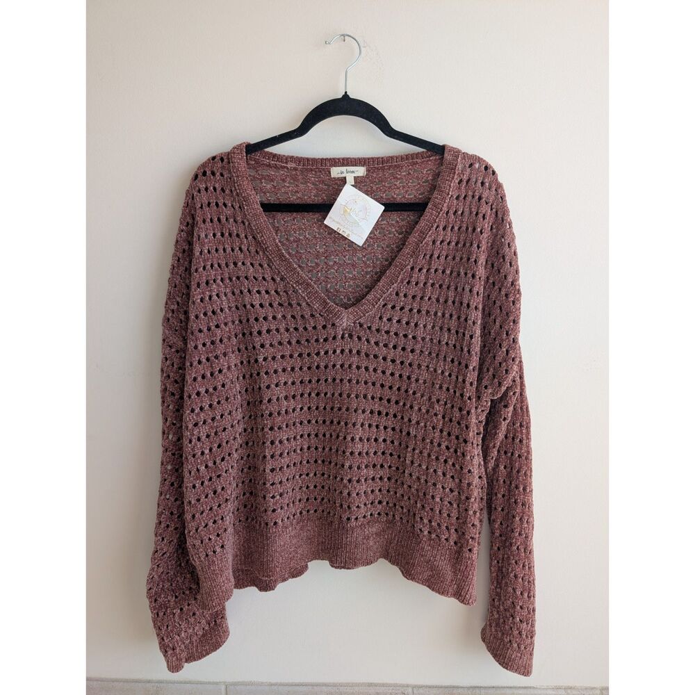 In Loom NWT Women's L Brown Chenille Open Knit V Neck Sweater Boho Oversized